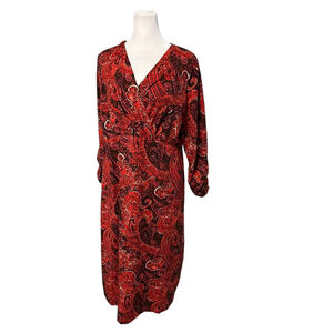 J. Jill Red Paisley Faux Wrap Vneck 3/4 Sleeve Pima Cotton Dress Large